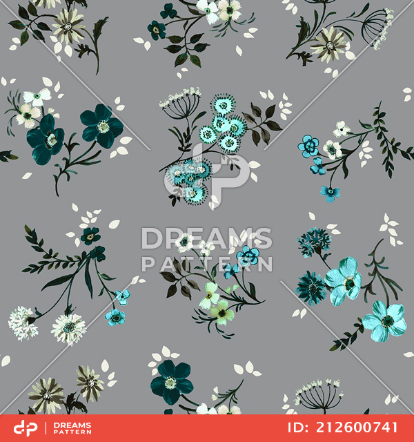 Seamless Floral Pattern with Leaves on Gray Background Ready for Textile Prints.