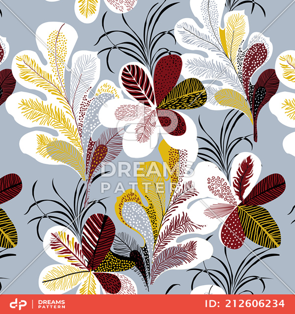 Seamless Colored Flowers with Leaves in Retro Style, Lined Art Pattern Ready for Textile.