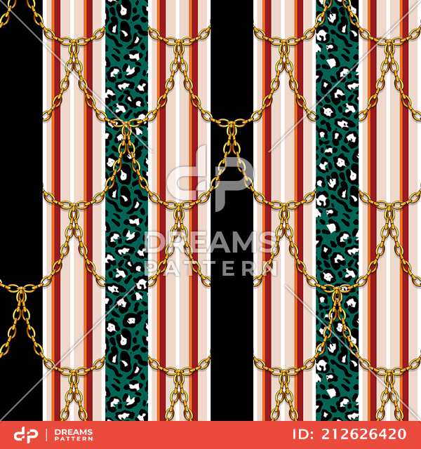 Seamless Pattern of Golden Chains on Striped background with Leopard Skin.