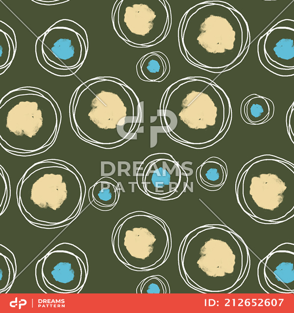 Seamless Pattern of Hand Drawn Circles with Paint Spots on Green Background.