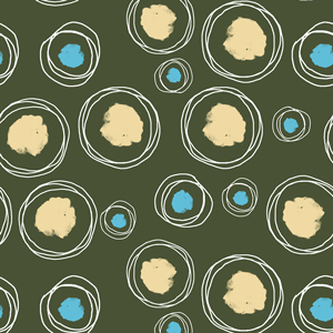 Seamless Pattern of Hand Drawn Circles with Paint Spots on Green Background.