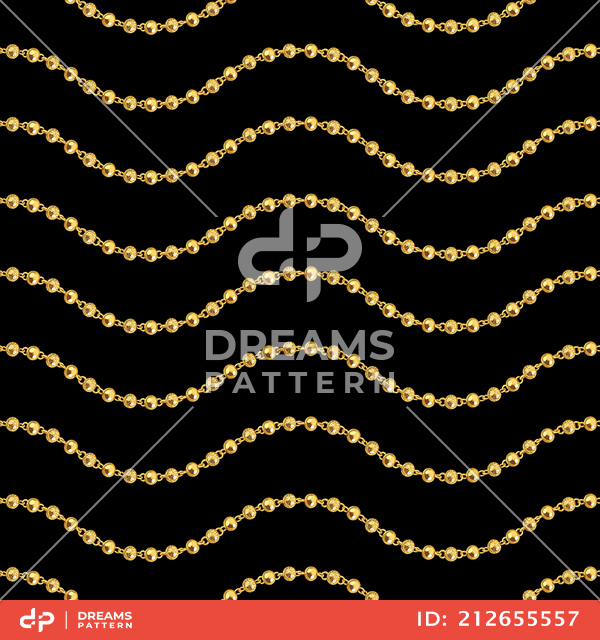 Seamless Wavy Golden Chains on Black. Repeat Design Ready for Textile Prints.