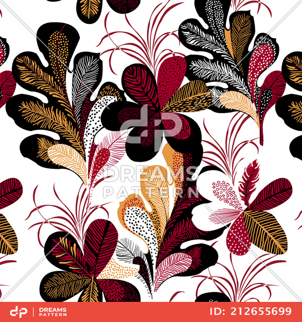 Seamless Colored Flowers with Leaves in Retro Style, Lined Art Pattern Ready for Textile.