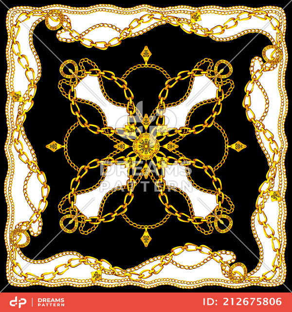 Luxury Jewelry Shawl Pattern, Modern Style Scarf Design with Golden Chains.