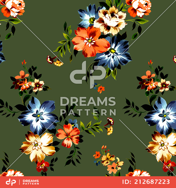 Seamless Colored Flowers, Repeat Retro Style Floral, Vintage Pattern for Textile.