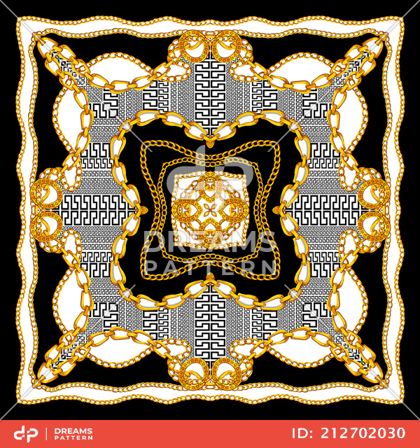 Luxury Scarf Design with Golden Chains and Baroque, Jewelry Shawl Versace Pattern.