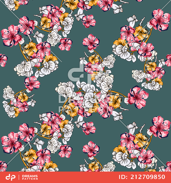 Seamless Hand Drawn Flowers Pattern, Repeated Illustration Ready for Textile Prints.