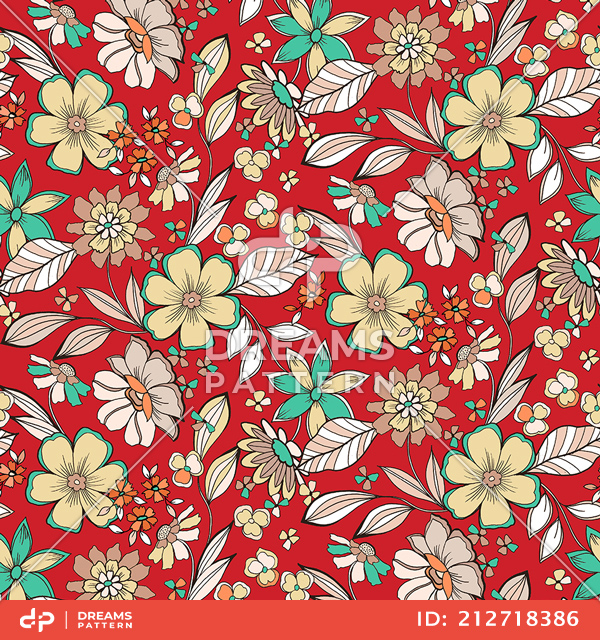 Seamless Hand Drawn Floral Pattern, Colored Flowers Ready for Textile Prints.