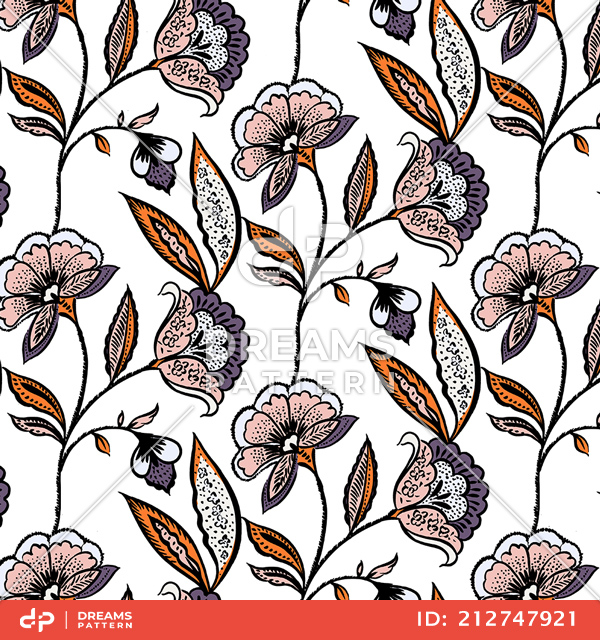 Seamless Hand Drawn Floral Pattern, Illustration Flowers on White Background.