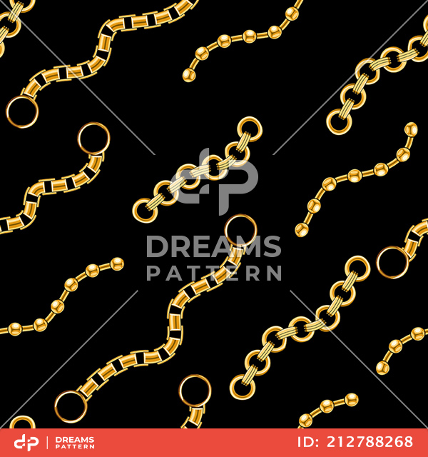 Seamless Golden Chains, Luxury Pattern on Black Background.