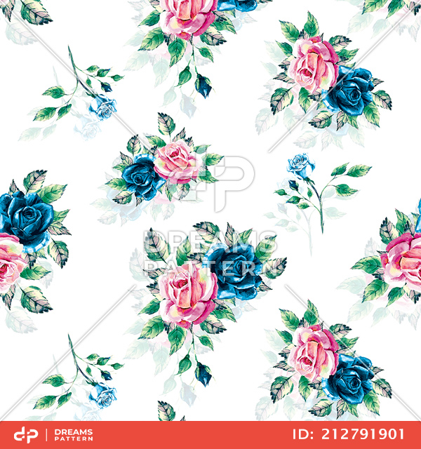 Beautiful Seamless Design with Colorful Watercolor Roses on White Background.