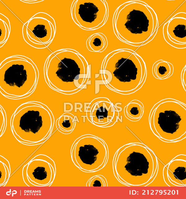 Seamless Pattern of Hand Drawn Circles with Paint Spots on Yellow Background.