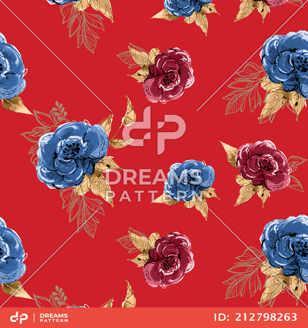 Seamless Watercolor Flowers with Leaves, Repeat Design Ready for Textile Prints.