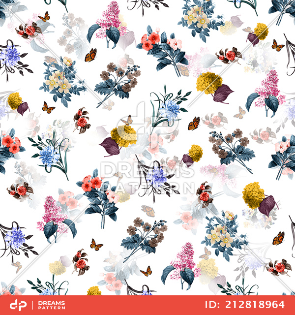 Watercolor Hand Drawn Floral Pattern, Colorful Seamless Small Flowers with Leaves.