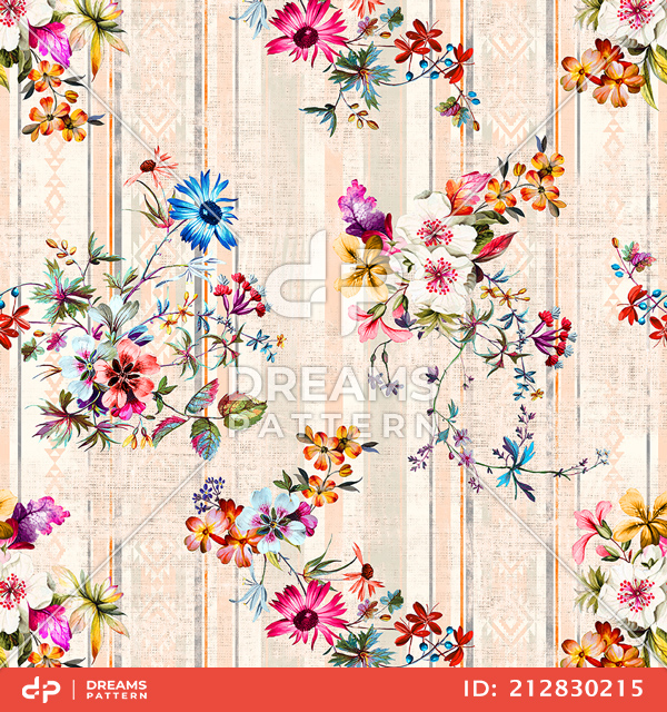 Seamless Colorful Floral Pattern with Lines, Ready for Fabric Textile Prints.