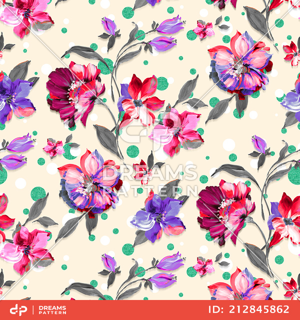 Seamless Watercolor Floral Design on White Background Ready for Textile Prints.