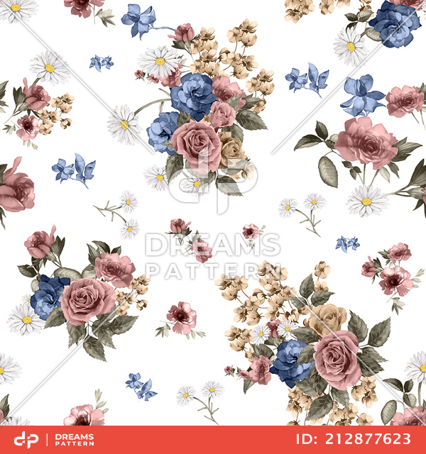 Seamless Watercolor Floral Pattern, Beautiful Flowers Bouquet on White Background.