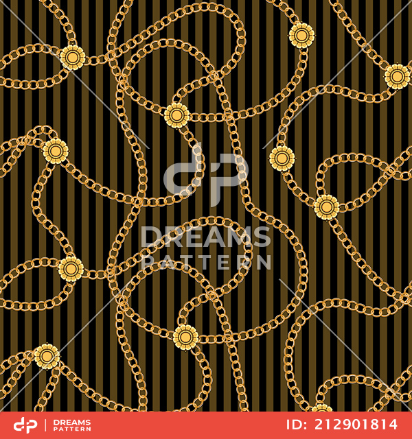 Seamless Pattern with Golden Chains on Lined Khaki and Black Background.