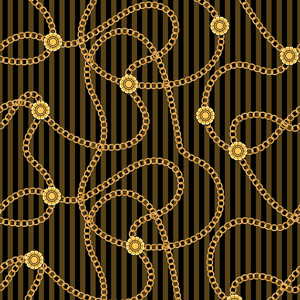 Seamless Pattern with Golden Chains on Lined Khaki and Black Background.