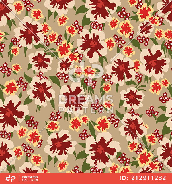 Multicolor Seamlees Flowers with Leaves, Designed for Textile Prints.