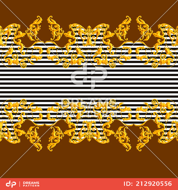 Seamless Golden Baroque Luxury Design with Stripes on Brown Background.