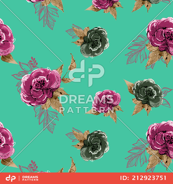 Seamless Watercolor Flowers with Leaves, Repeat Design Ready for Textile Prints.