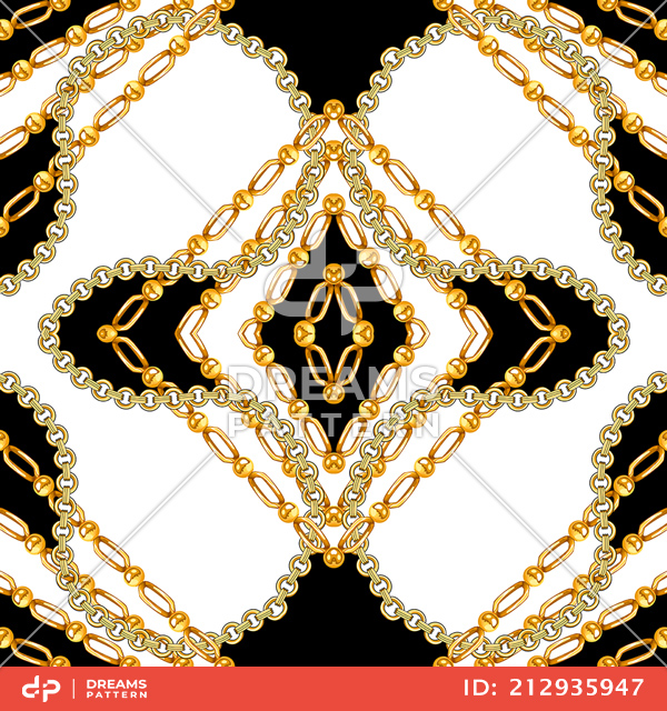 Seamless Golden Chains Pattern, on Black and White Background. Ready for Textile Print.