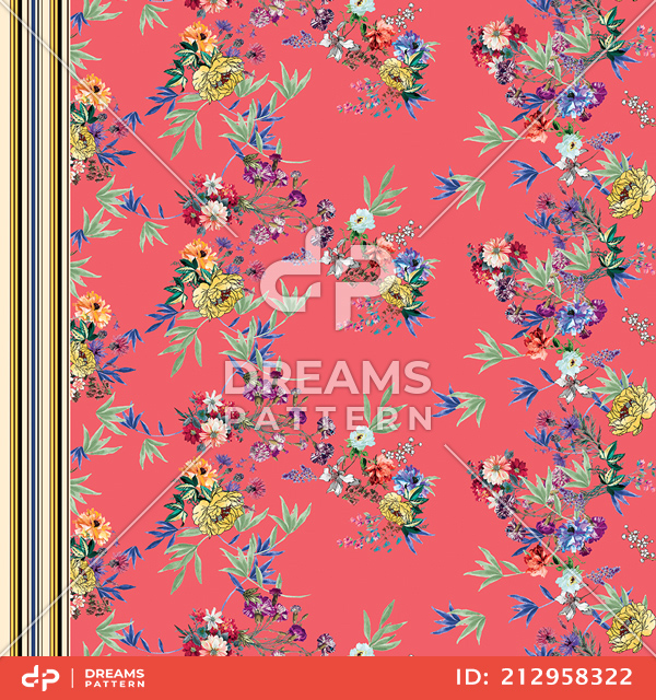 Floral with Stripes Pattern, Long Dress Design Seamless by One Side Ready for Textile Prints.