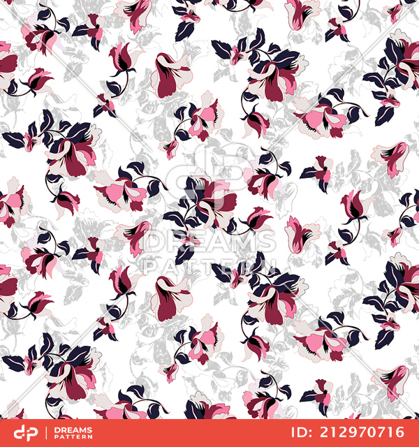 Trendy Seamless Pattern with Flowers on White Background, Ready for Textile Prints.