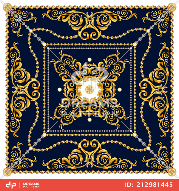 Luxury Scarf Design with Golden Chains and Baroque, Jewelry Shawl Pattern.