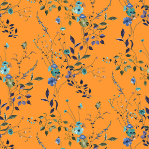 Seamless Watercolor Flowers with Leaves, Spring Pattern on Yellow Background.