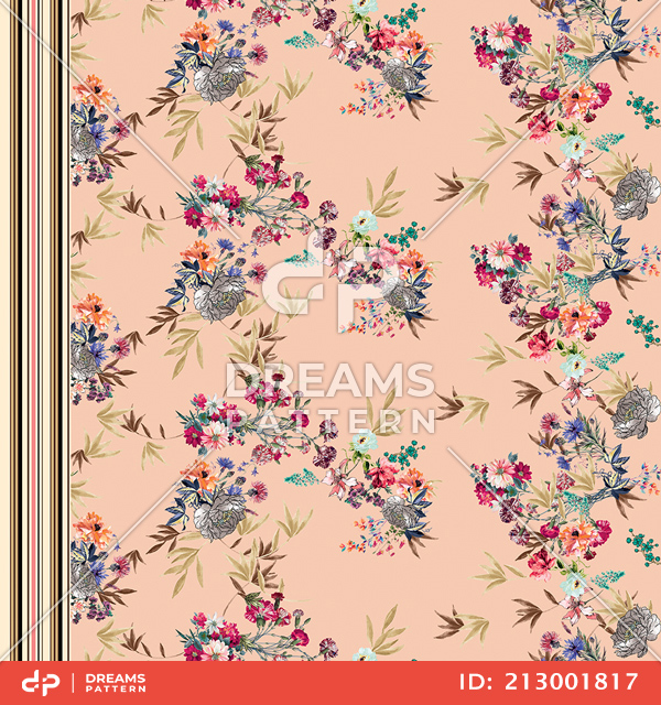 Floral with Stripes Pattern, Long Dress Design Seamless by One Side Ready for Textile Prints.