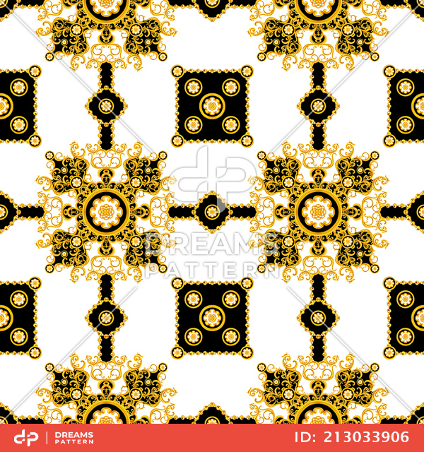 Seamless Luxury Pattern of Golden Chains and Baroque, Antique Decorative Design.