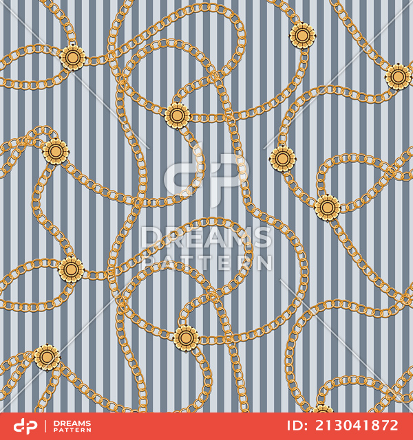 Seamless Pattern with Golden Chains on Light Lined Background.