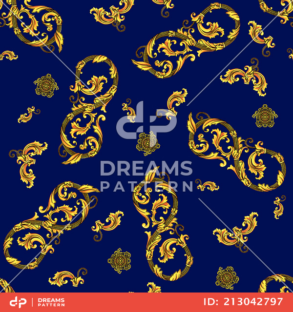 Decorative Gold Baroque Ornament Seamless Pattern on Dark Blue Background.