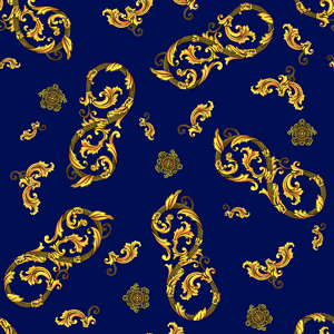 Decorative Gold Baroque Ornament Seamless Pattern on Dark Blue Background.