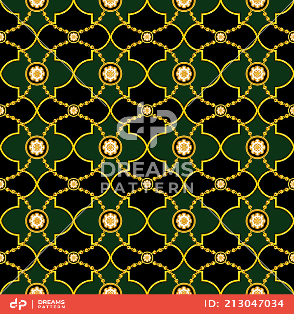 Seamless Luxury Geometric Golden Moroccan Trellis Pattern with Golden Chains.