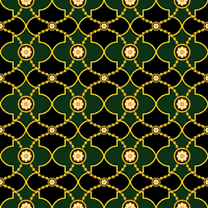 Seamless Luxury Geometric Golden Moroccan Trellis Pattern with Golden Chains.