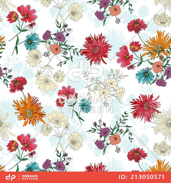 Seamless Hand Drawn Illustration Pattern, Colorful Big Flowers on White Background.