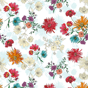 Seamless Hand Drawn Illustration Pattern, Colorful Big Flowers on White Background.