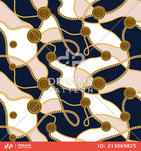 Seamless Golden Motifs and Chains, Luxury Pattern with Beige, Darkblue and White.