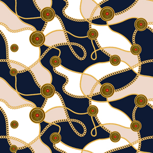 Seamless Golden Motifs and Chains, Luxury Pattern with Beige, Darkblue and White.