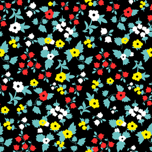 Seamless Modern Colorful Mini Flowers with Mint Leaves on Black Background.