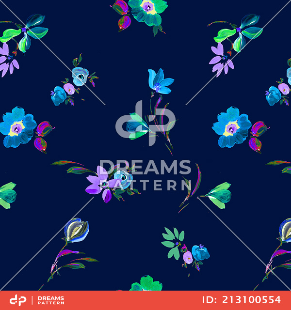 Seamless Colorful Floral Pattern, Flowers on Darkblue Ready for Textile Prints.