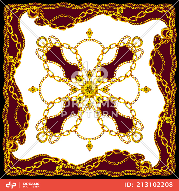 Luxury Jewelry Shawl Pattern, Modern Style Scarf Design with Golden Chains.