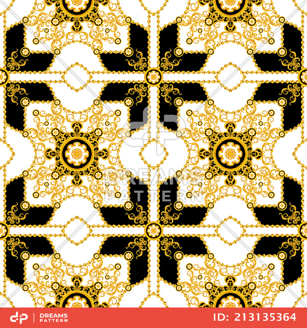 Seamless Luxury Pattern of Golden Chains and Baroque, Antique Decorative Design.