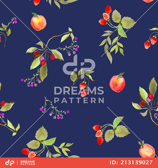 Seamless Fruit Orchard Pattern, Vintage Flowers on Dark Blue Background.