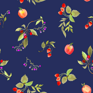 Seamless Fruit Orchard Pattern, Vintage Flowers on Dark Blue Background.