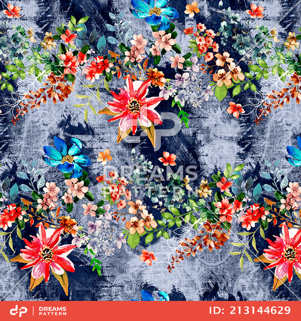 Seamless Watercolor Floral Pattern. Repeated Design of Small Flowers and Leaves.