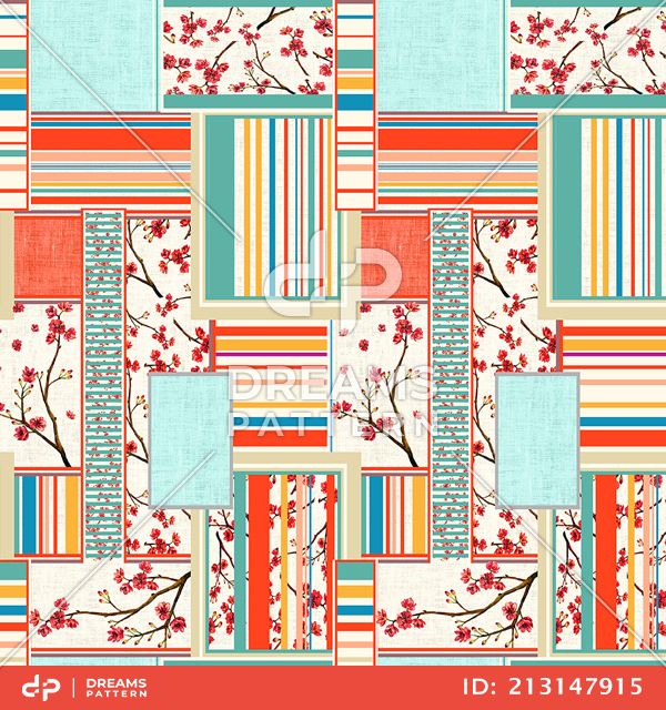 Seamless Striped Pattern with Flowers, Patchwork Style Designed for Textile Prints.